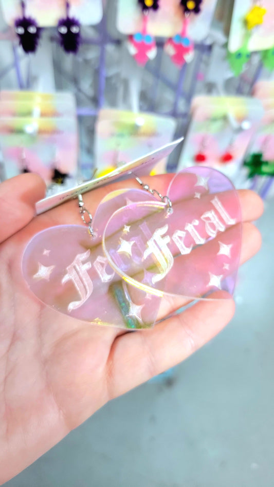 Feral Holographic Heart Earrings Word