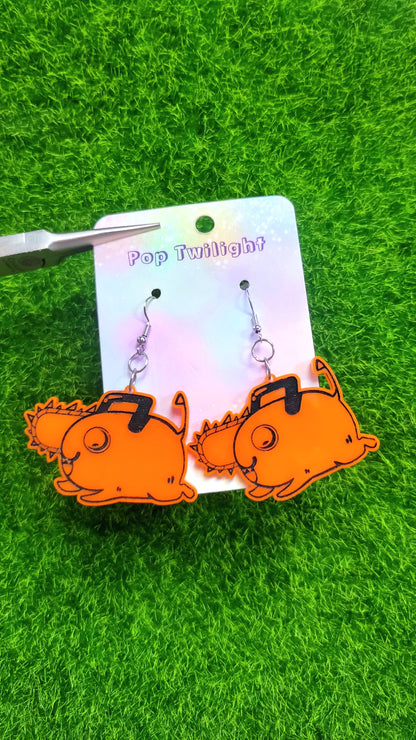Orange Chainsaw Dog Earrings Anime