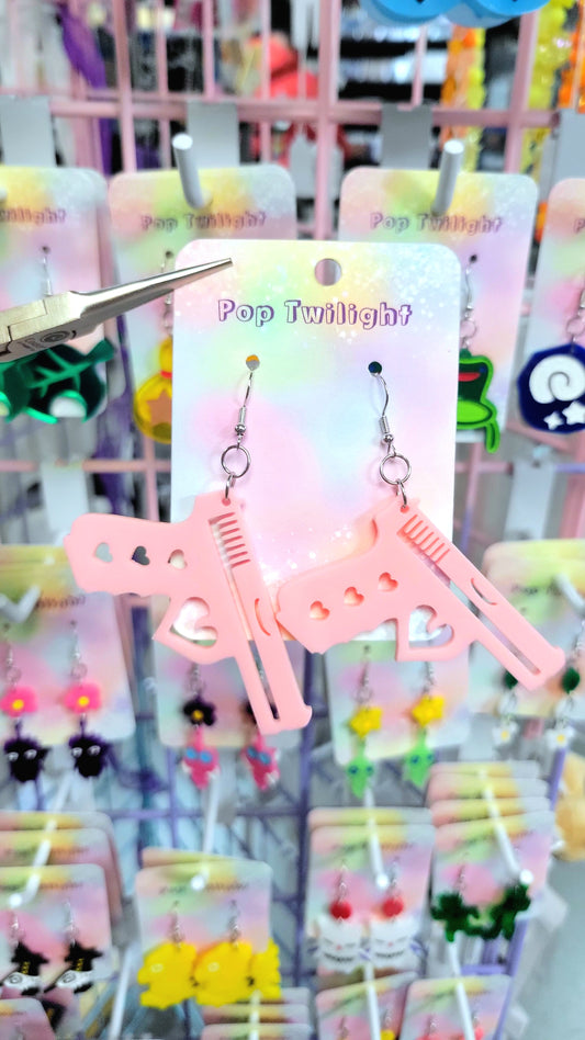 Gun Pink Heart Earrings Weapon