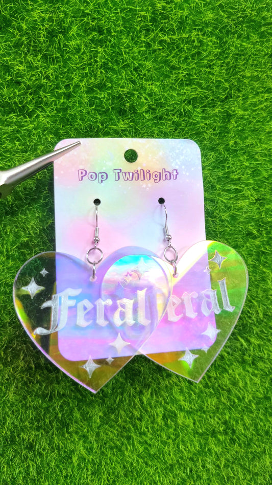 Feral Holographic Heart Earrings Word