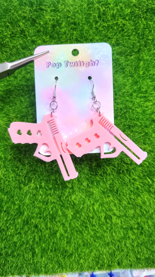 Gun Pink Heart Earrings Weapon