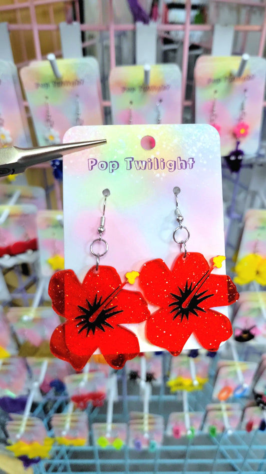 Red Hibiscus Flower Earrings Plant