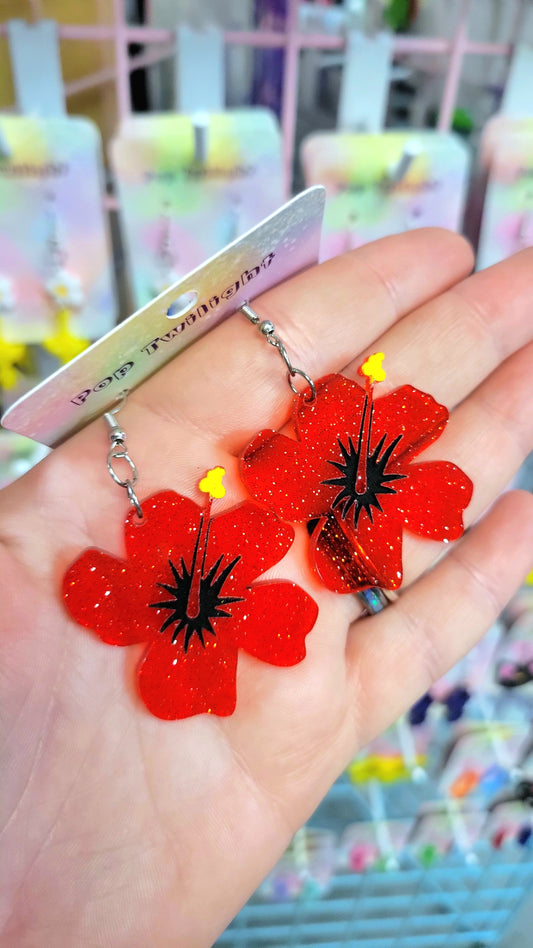 Red Hibiscus Flower Earrings Plant