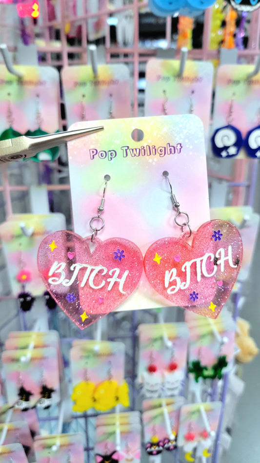 Heart Bitch Pink Earrings Word