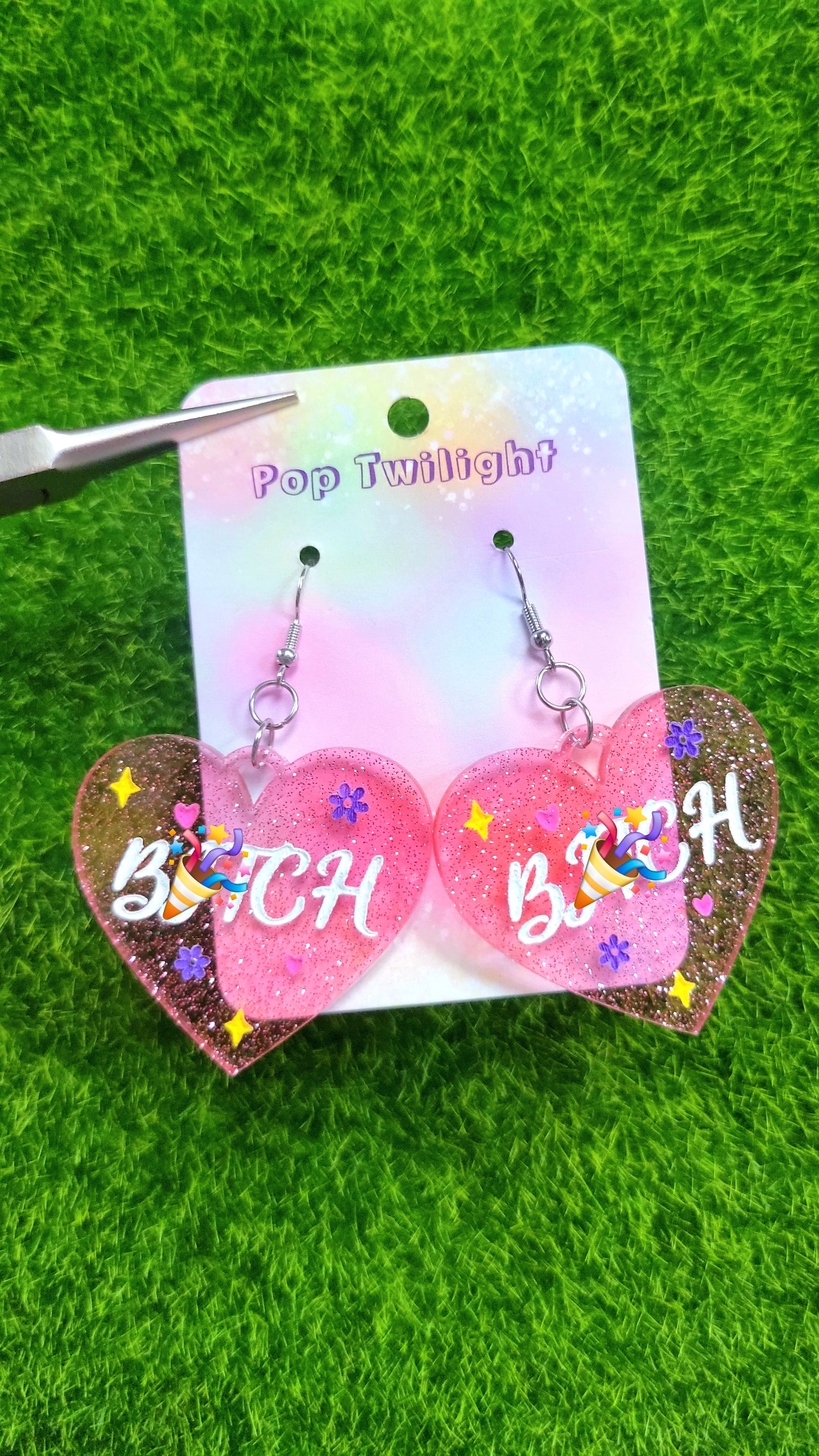 Heart Bitch Pink Earrings Word