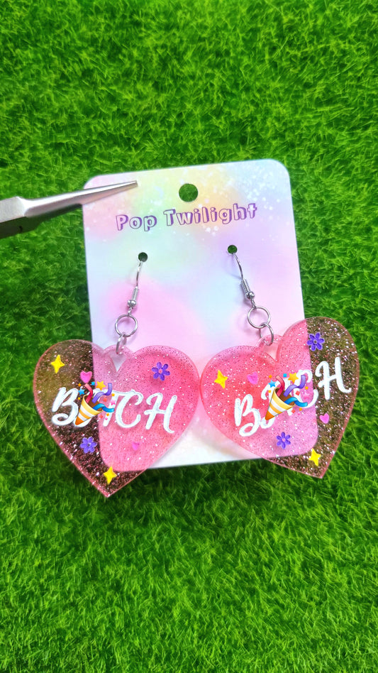 Heart Bitch Pink Earrings Word